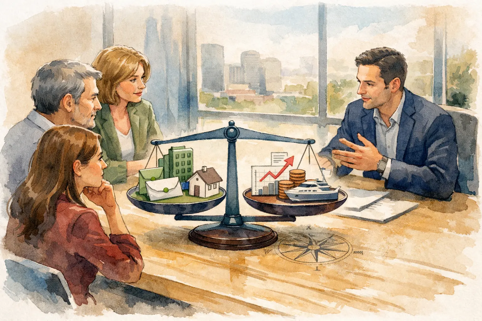 Un conseiller financier présentant des stratégies d’investissement à une famille, illustrées par une balance entre immobilier et placements financiers