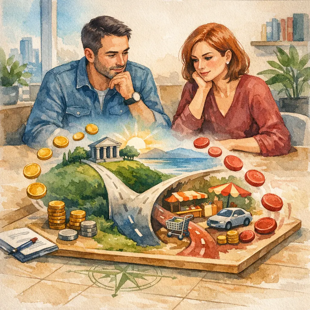 Couple réfléchissant à des choix financiers et de vie, illustrés par des routes menant vers investissement, consommation et épargne