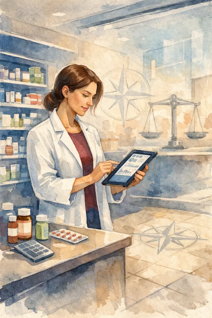 Actualité réglementaire en pharmacie d’officine : un cadre en mutation 5 Pharmacienne utilisant une tablette dans une pharmacie avec symbole de balance de justice en arrière-plan