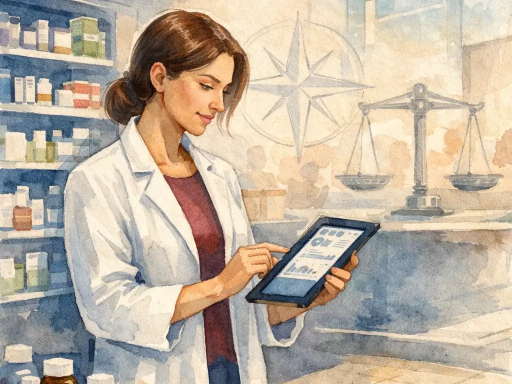 Pharmacienne utilisant une tablette dans une pharmacie avec symbole de balance de justice en arrière-plan