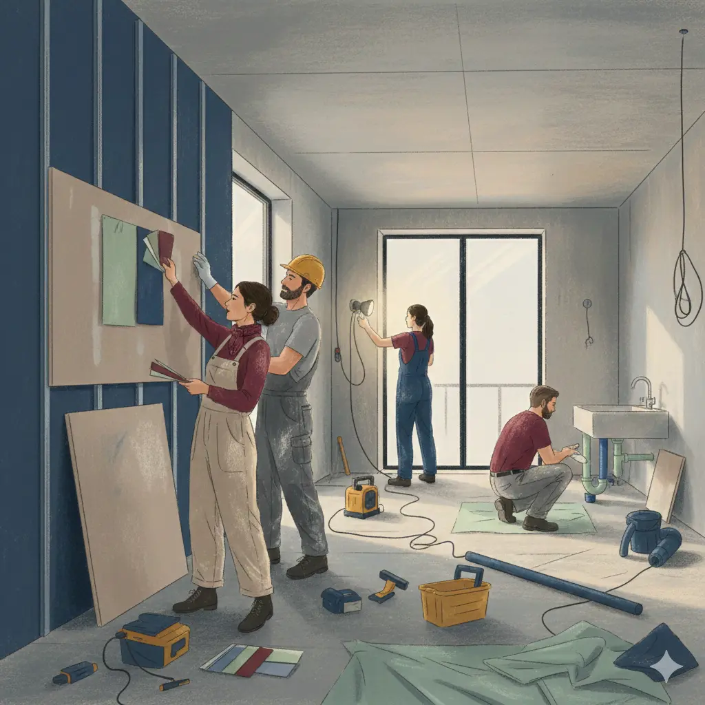 llustration d’une équipe d’artisans réalisant des travaux de rénovation dans un appartement