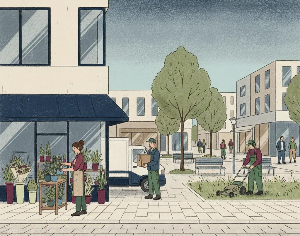 Vie de quartier mettant en avant des artisans (commerce de plantes, livraison et entretien des espaces verts)