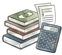 Pile de livres avec facture et calculatrice symbolisant la gestion financière
