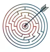 Flèche atteignant le centre d’un labyrinthe circulaire symbolisant l’atteinte d’un objectif ou d’une solution