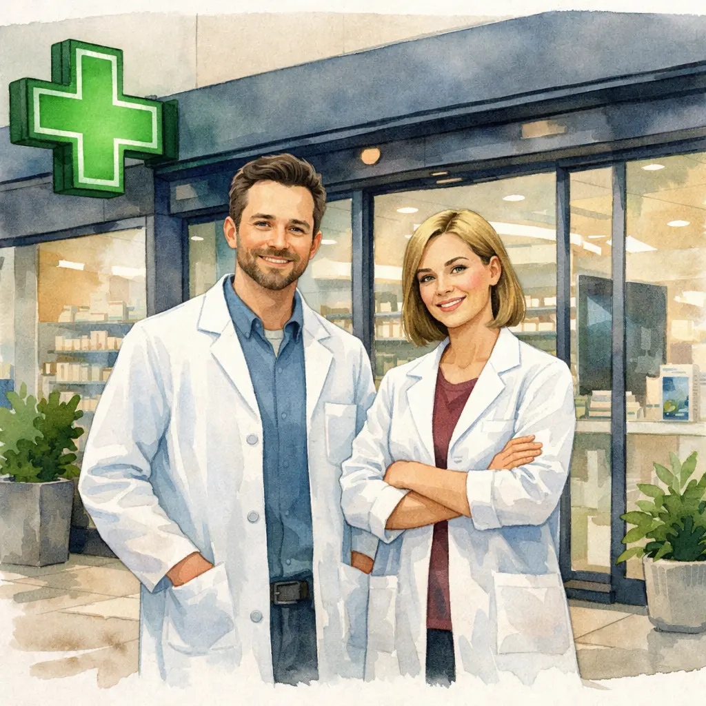 Deux pharmaciens se tenant devant une pharmacie