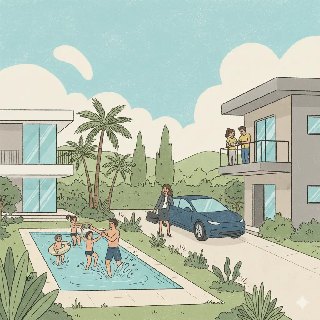 Famille profitant d’une maison avec piscine dans un quartier résidentiel moderne