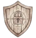 Bouclier avec cadenas et rose des vents symbolisant la protection et l’orientation stratégique