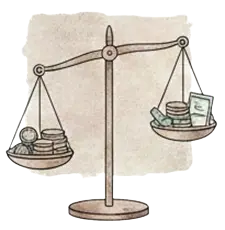 Illustration d’une balance de justice avec des pièces et des billets