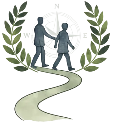 Deux personnes marchant ensemble sur un chemin devant une rose des vents, symbolisant l’accompagnement et l’orientation