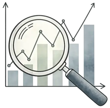 Loupe analysant un graphique de croissance avec des barres et une courbe ascendante