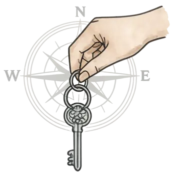 Illustration d’une main tenant une clé devant une rose des vents