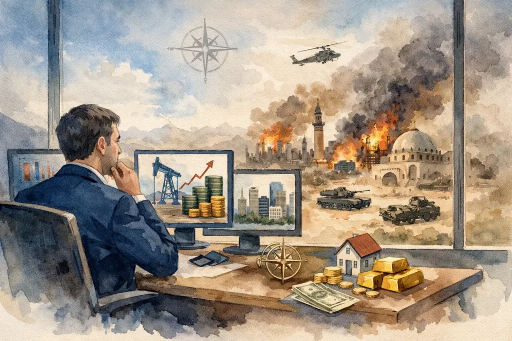 Guerre au Moyen Orient et patrimoine 2 Un analyste financier devant des ordinateurs observe à l'extérieur une scène de guerre au Moyen Orient.